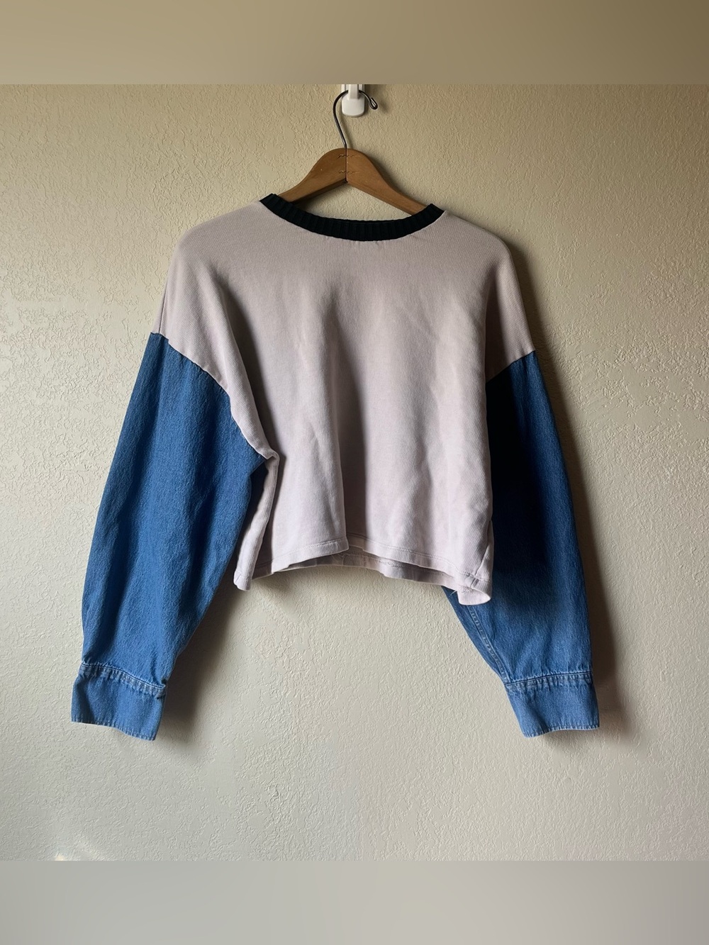 ZARA Two-Tone Cropped Sweatshirt - Denim Sleeves - 100% Cotton